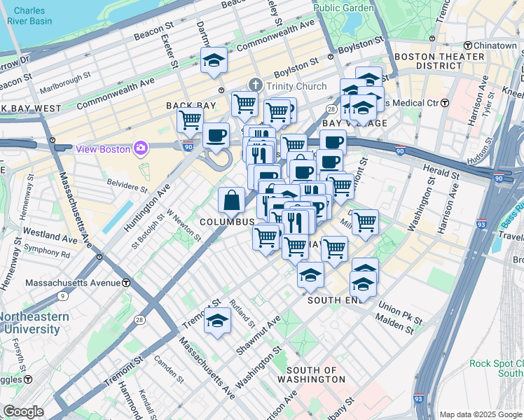 map of restaurants, bars, coffee shops, grocery stores, and more near 67 Dartmouth Street in Boston