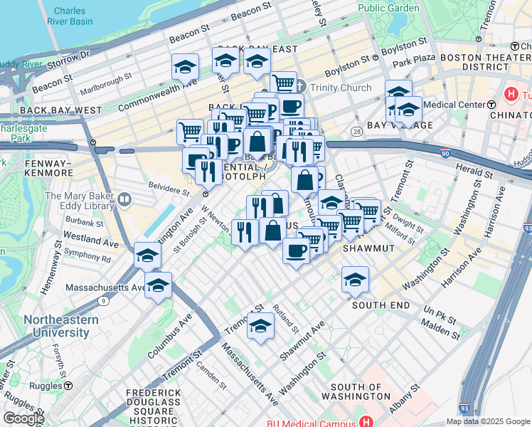 map of restaurants, bars, coffee shops, grocery stores, and more near in Boston