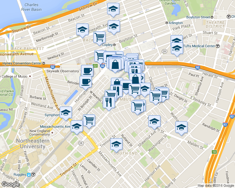 map of restaurants, bars, coffee shops, grocery stores, and more near in Boston