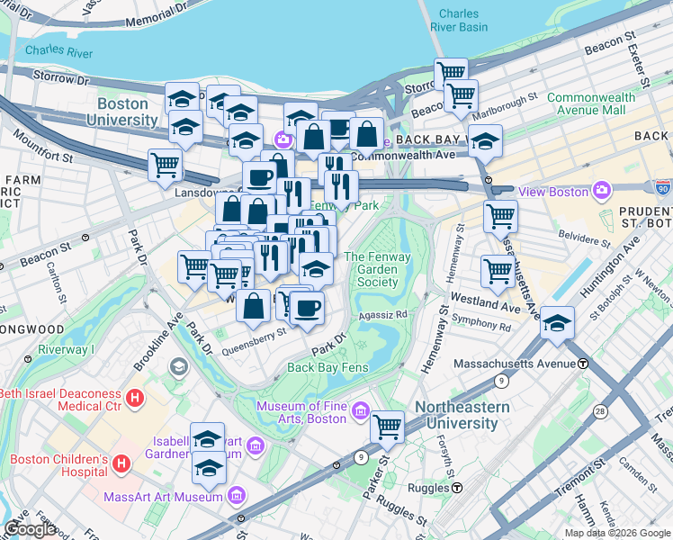 map of restaurants, bars, coffee shops, grocery stores, and more near in Boston
