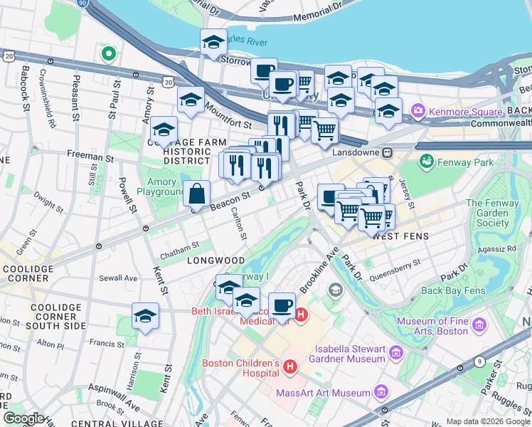map of restaurants, bars, coffee shops, grocery stores, and more near 68 Monmouth Street in Brookline