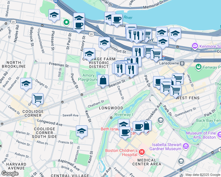 map of restaurants, bars, coffee shops, grocery stores, and more near 1083 Beacon Street in Brookline