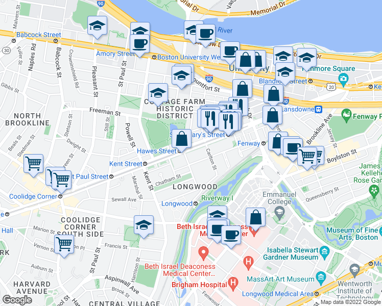 map of restaurants, bars, coffee shops, grocery stores, and more near 1083 Beacon Street in Brookline