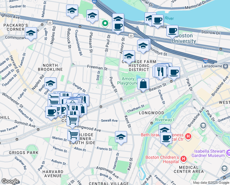 map of restaurants, bars, coffee shops, grocery stores, and more near 21 Powell Street in Brookline