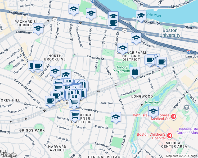 map of restaurants, bars, coffee shops, grocery stores, and more near 217 Saint Paul Street in Brookline