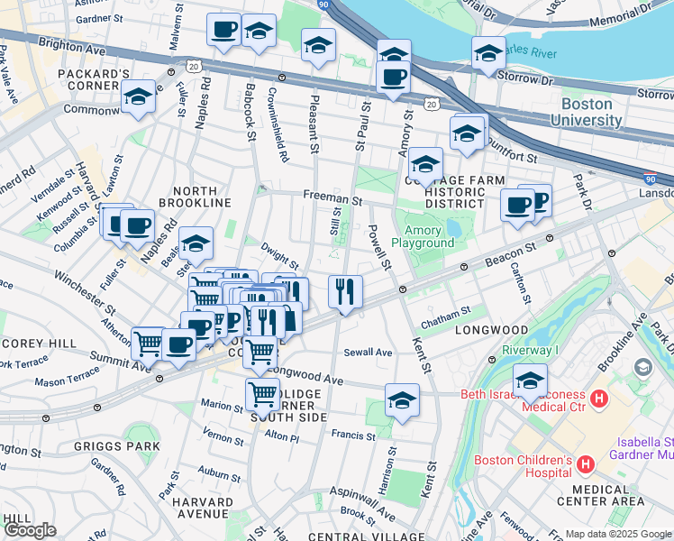 map of restaurants, bars, coffee shops, grocery stores, and more near 63 Parkman Street in Brookline