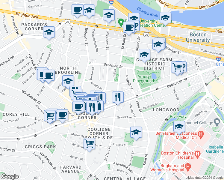 map of restaurants, bars, coffee shops, grocery stores, and more near 63 Parkman Street in Brookline