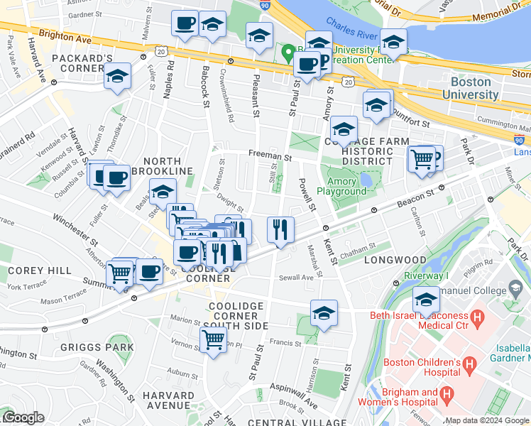 map of restaurants, bars, coffee shops, grocery stores, and more near 63 Parkman Street in Brookline