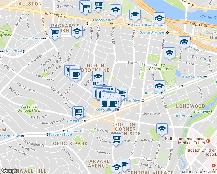 map of restaurants, bars, coffee shops, grocery stores, and more near 51 John Street in Brookline
