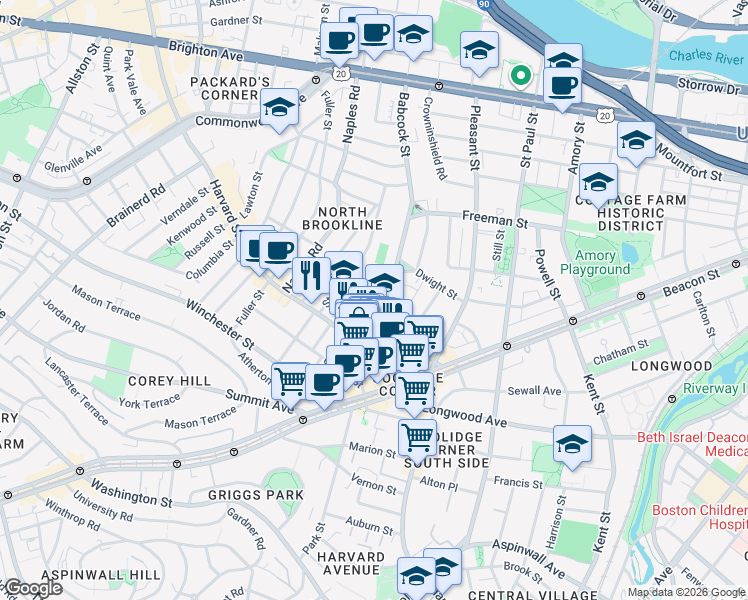 map of restaurants, bars, coffee shops, grocery stores, and more near 51 John Street in Brookline