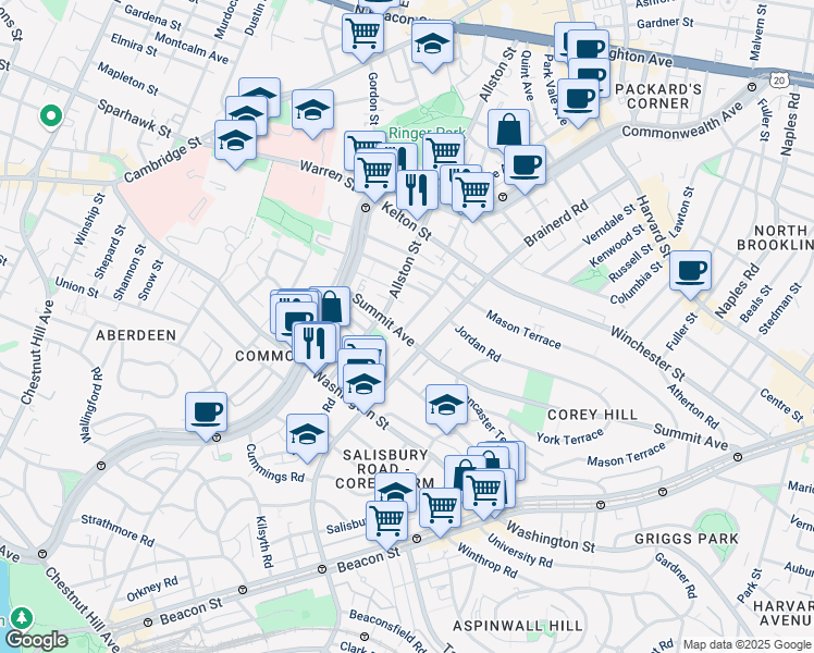 map of restaurants, bars, coffee shops, grocery stores, and more near 4 Woodstock Avenue in Boston