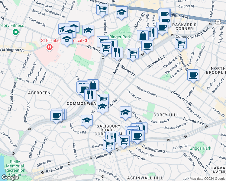 map of restaurants, bars, coffee shops, grocery stores, and more near 4 Woodstock Avenue in Boston