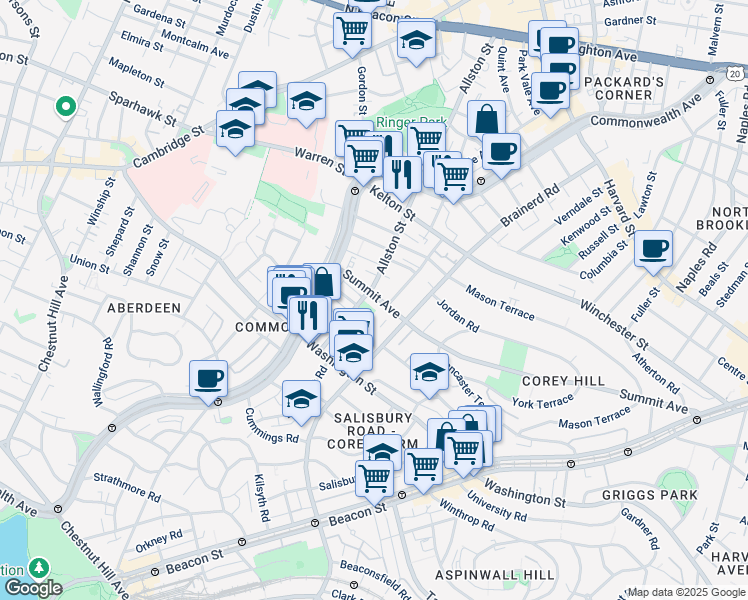map of restaurants, bars, coffee shops, grocery stores, and more near 4 Woodstock Avenue in Boston