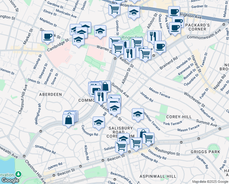 map of restaurants, bars, coffee shops, grocery stores, and more near Carol Avenue in Boston