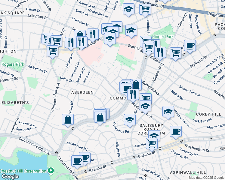 map of restaurants, bars, coffee shops, grocery stores, and more near 127 Washington Street in Boston