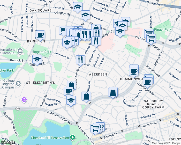 map of restaurants, bars, coffee shops, grocery stores, and more near 30 Blenford Road in Boston