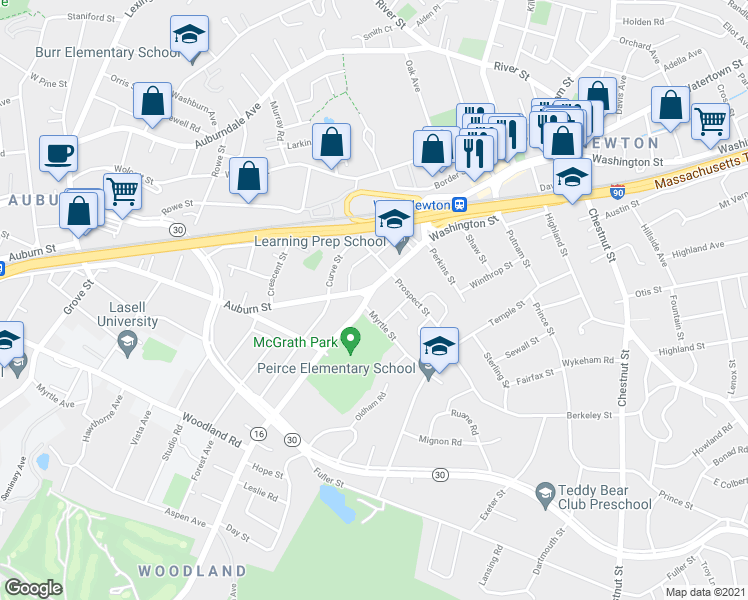 map of restaurants, bars, coffee shops, grocery stores, and more near 69 Prospect Street in Newton