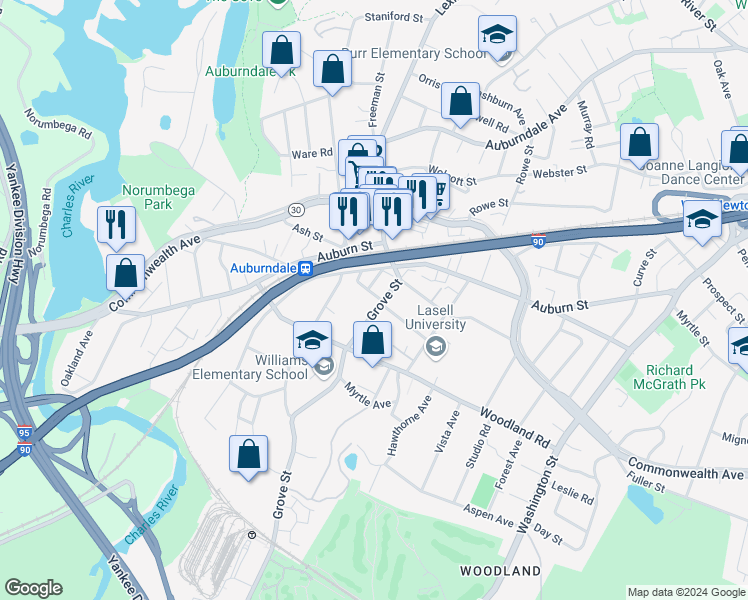 map of restaurants, bars, coffee shops, grocery stores, and more near 39 Grove Street in Newton