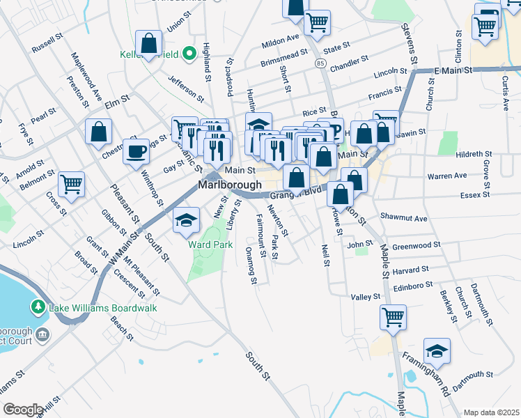 map of restaurants, bars, coffee shops, grocery stores, and more near 47 Newton Street in Marlborough