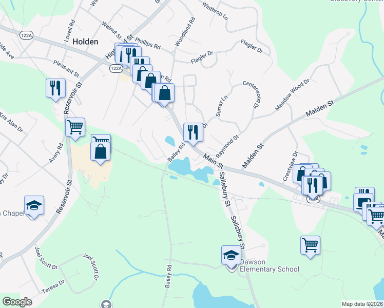 map of restaurants, bars, coffee shops, grocery stores, and more near 985 Main Street in Holden