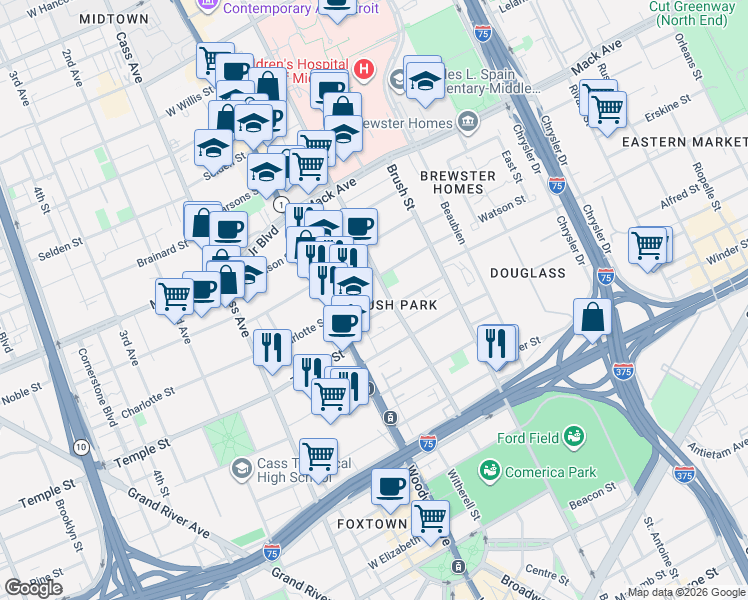 map of restaurants, bars, coffee shops, grocery stores, and more near in Detroit