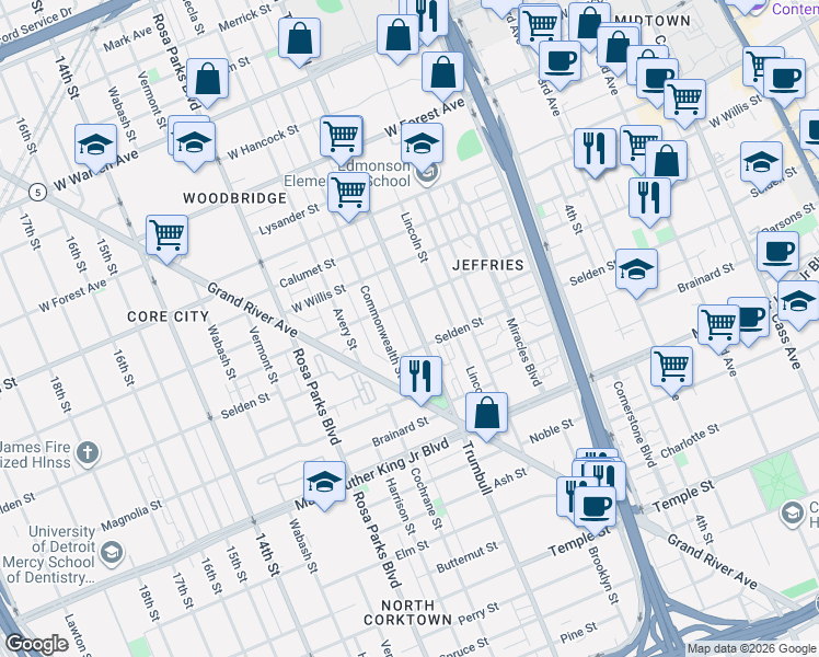 map of restaurants, bars, coffee shops, grocery stores, and more near 3962 Trumbull Avenue in Detroit