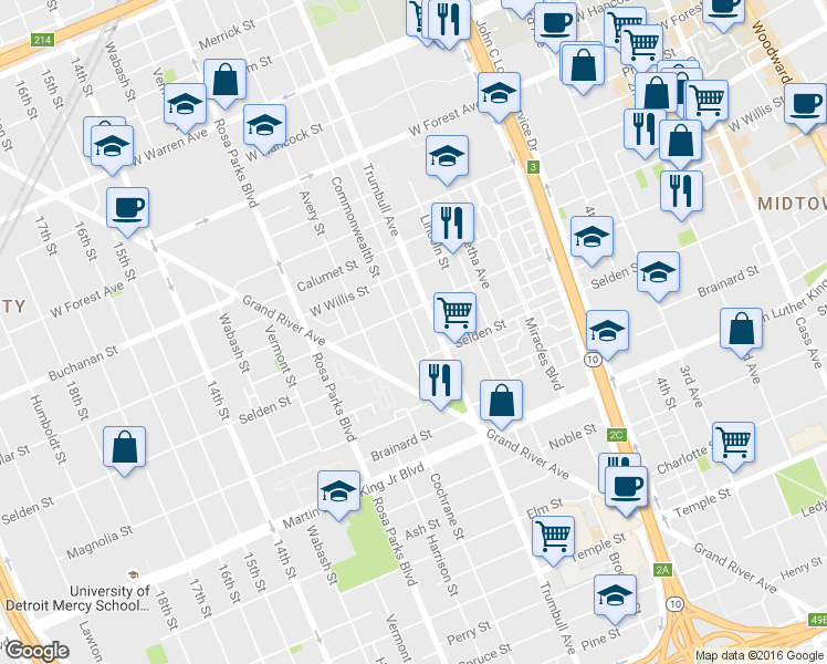map of restaurants, bars, coffee shops, grocery stores, and more near 3977 Commonwealth Street in Detroit