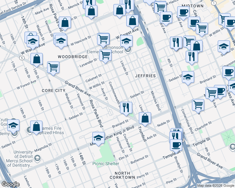 map of restaurants, bars, coffee shops, grocery stores, and more near 3977 Commonwealth Street in Detroit
