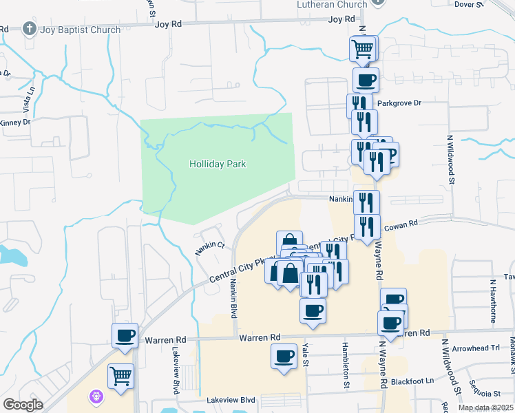 map of restaurants, bars, coffee shops, grocery stores, and more near 7788 Rivergate Drive in Westland