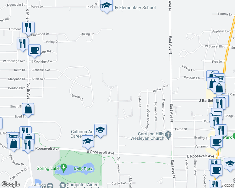 map of restaurants, bars, coffee shops, grocery stores, and more near 647 Eiffel Drive in Battle Creek
