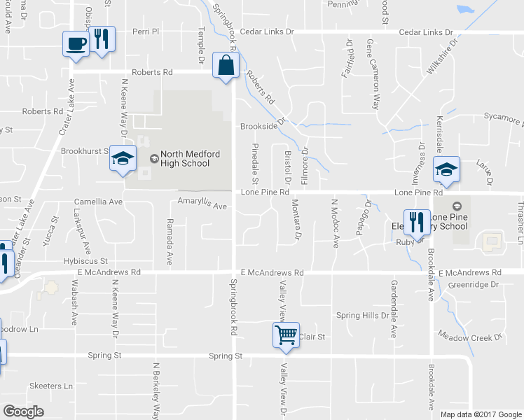 map of restaurants, bars, coffee shops, grocery stores, and more near 2551 Bethany Court in Medford