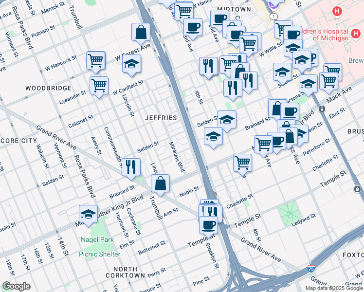 map of restaurants, bars, coffee shops, grocery stores, and more near 1200 Marvin Gaye Drive in Detroit