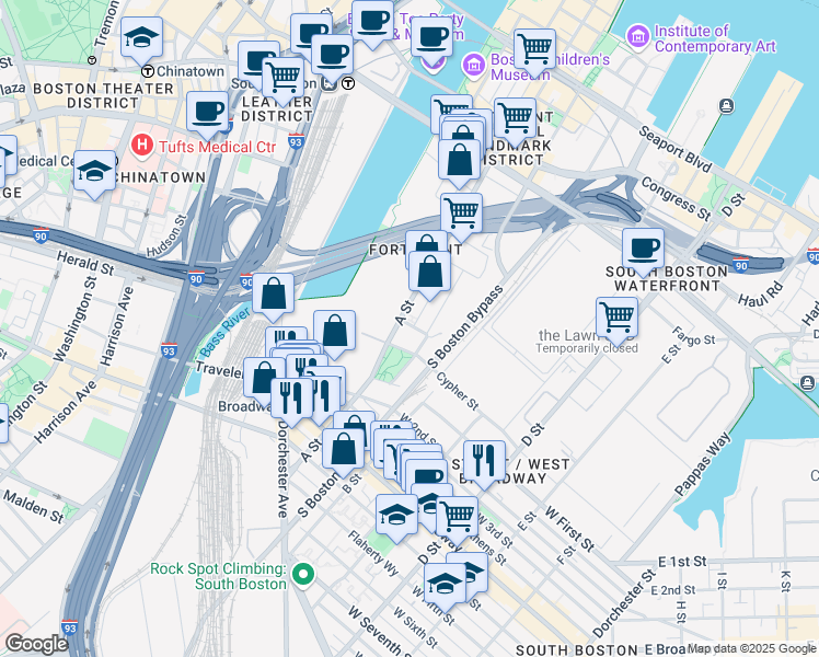 map of restaurants, bars, coffee shops, grocery stores, and more near 1 Channel Center Street in Boston