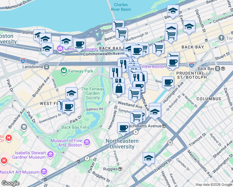 map of restaurants, bars, coffee shops, grocery stores, and more near 56-60 Hemenway Street in Boston