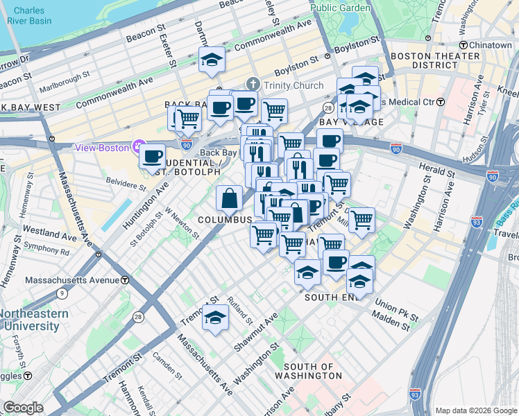 map of restaurants, bars, coffee shops, grocery stores, and more near in Boston