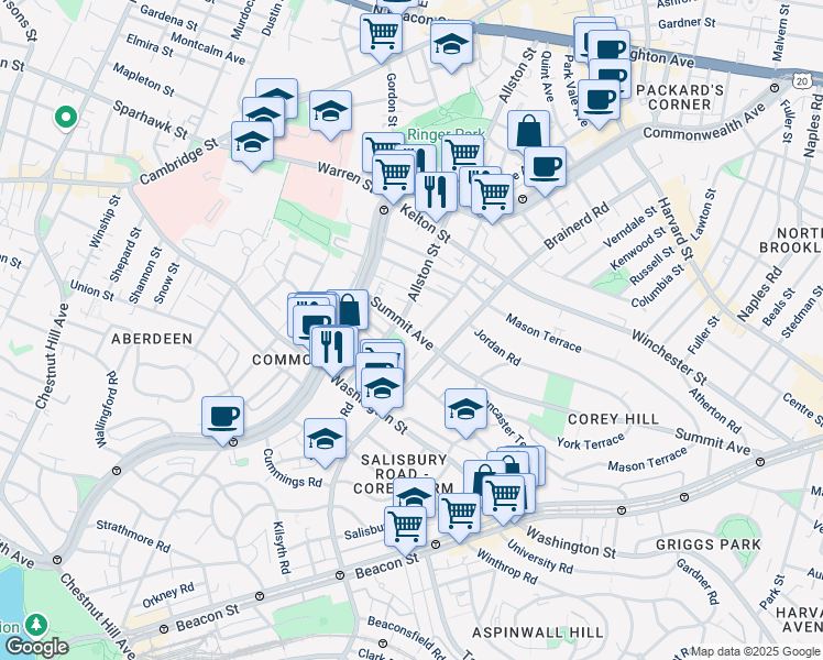 map of restaurants, bars, coffee shops, grocery stores, and more near 4 Woodstock Avenue in Boston