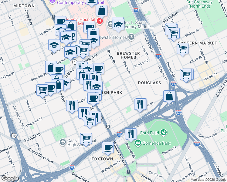 map of restaurants, bars, coffee shops, grocery stores, and more near 270 Edmund Place in Detroit