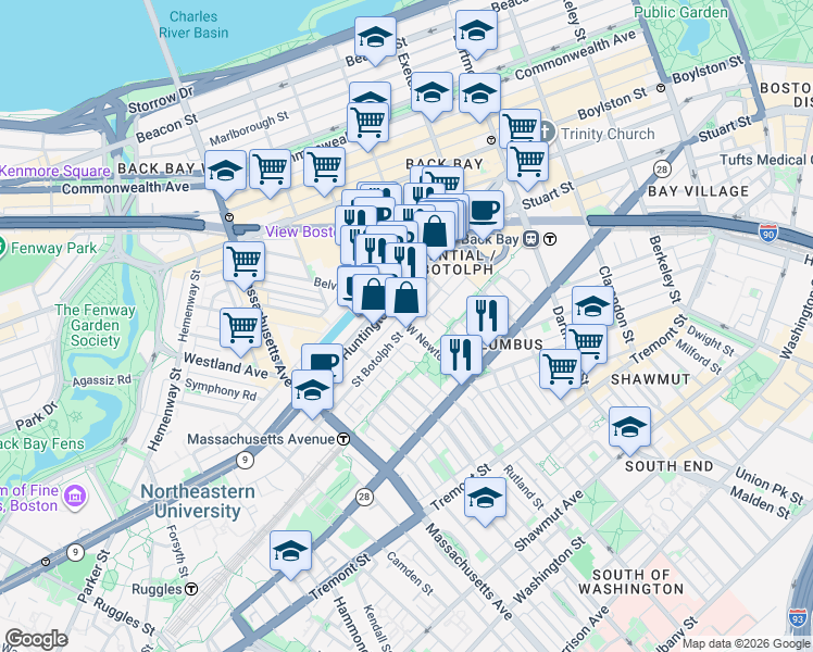 map of restaurants, bars, coffee shops, grocery stores, and more near St Botolph St & W Newton St in Boston