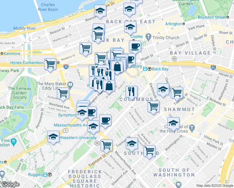 map of restaurants, bars, coffee shops, grocery stores, and more near 94 Saint Botolph Street in Boston