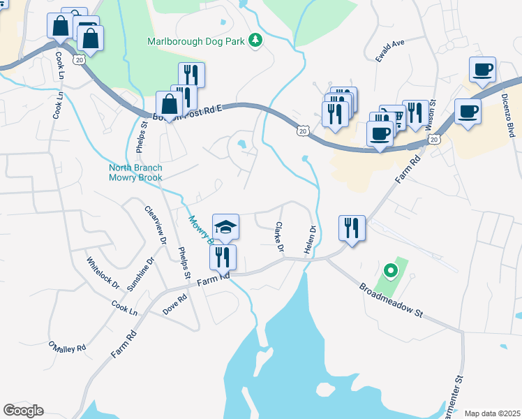 map of restaurants, bars, coffee shops, grocery stores, and more near 50 Helen Drive in Marlborough