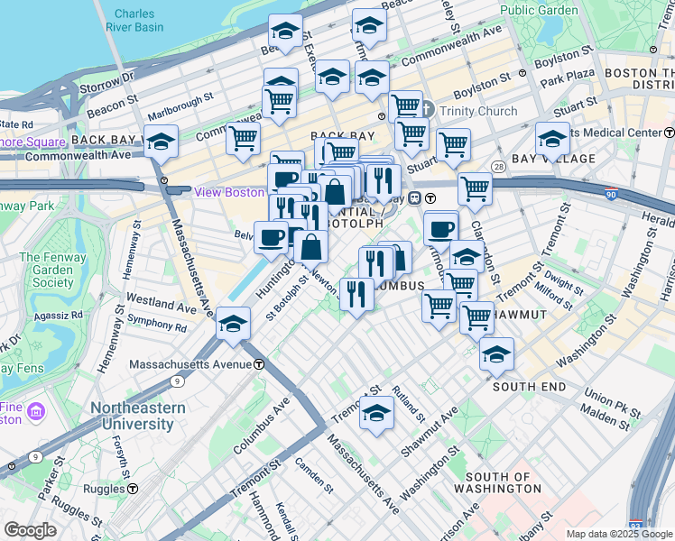 map of restaurants, bars, coffee shops, grocery stores, and more near in Boston