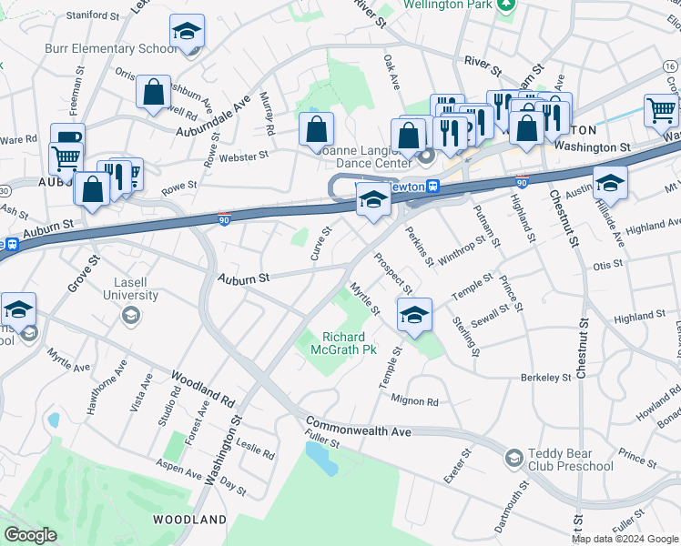 map of restaurants, bars, coffee shops, grocery stores, and more near 1545 Washington Street in Newton