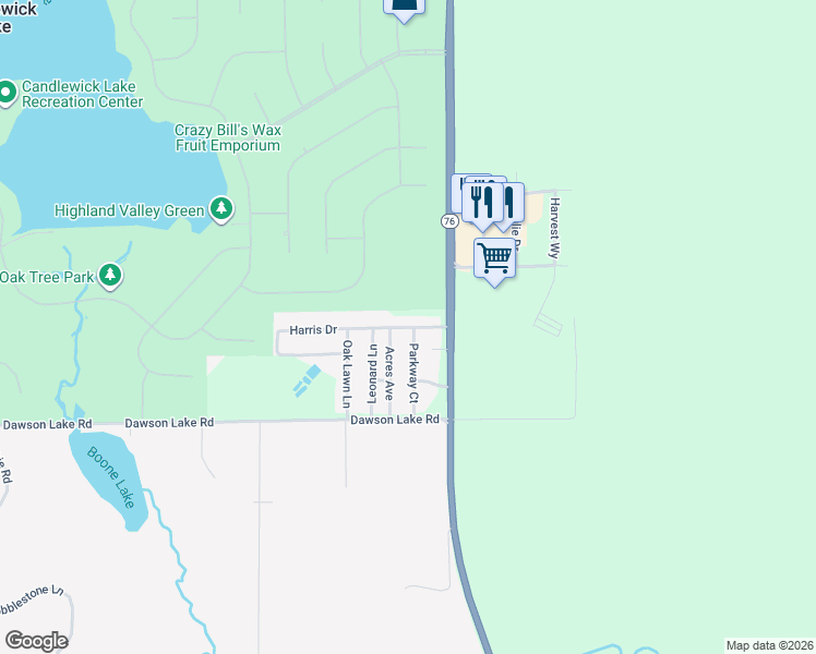map of restaurants, bars, coffee shops, grocery stores, and more near 4550 Harris Drive in Poplar Grove