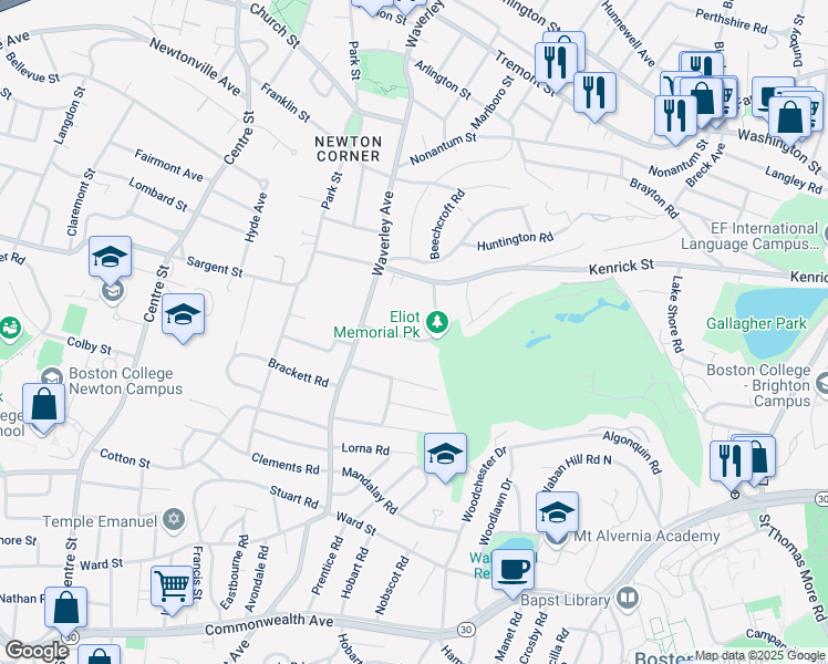 map of restaurants, bars, coffee shops, grocery stores, and more near 25 Eliot Memorial Road in Newton
