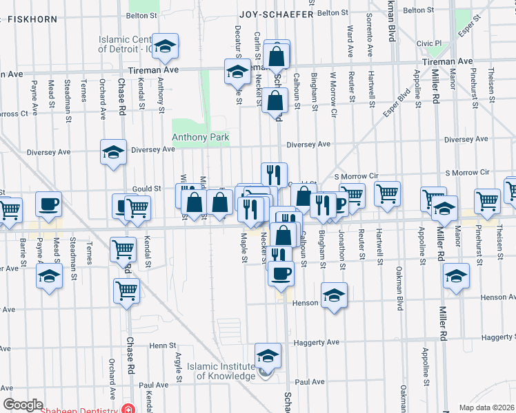 map of restaurants, bars, coffee shops, grocery stores, and more near 7304 Neckel Street in Dearborn