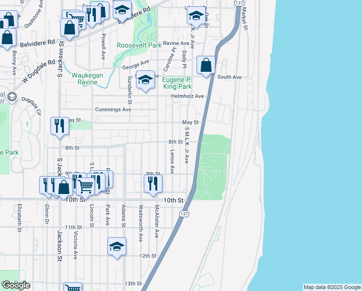 map of restaurants, bars, coffee shops, grocery stores, and more near 800 South Martin Luther King Junior Avenue in Waukegan