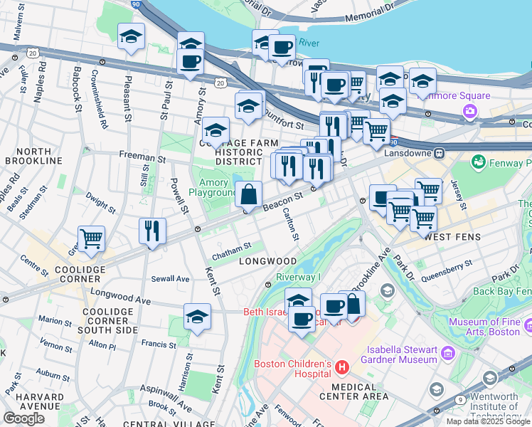 map of restaurants, bars, coffee shops, grocery stores, and more near 1077 Beacon Street in Brookline