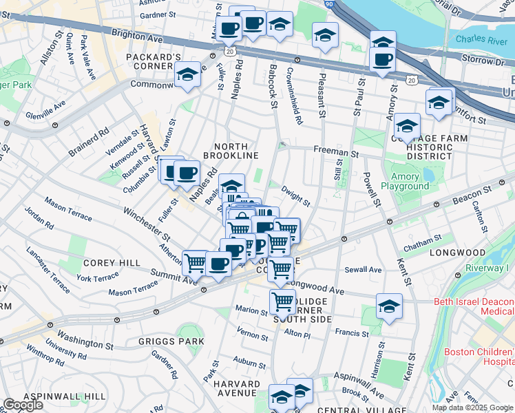 map of restaurants, bars, coffee shops, grocery stores, and more near 51 John Street in Brookline