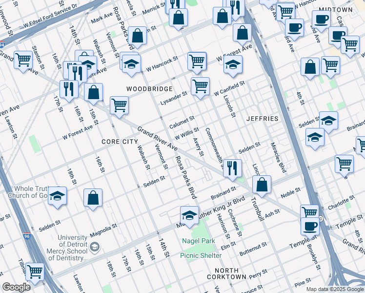 map of restaurants, bars, coffee shops, grocery stores, and more near 4126 Grand River Avenue in Detroit