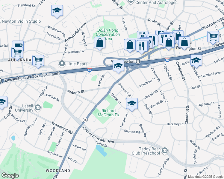 map of restaurants, bars, coffee shops, grocery stores, and more near 1548 Washington Street in Newton